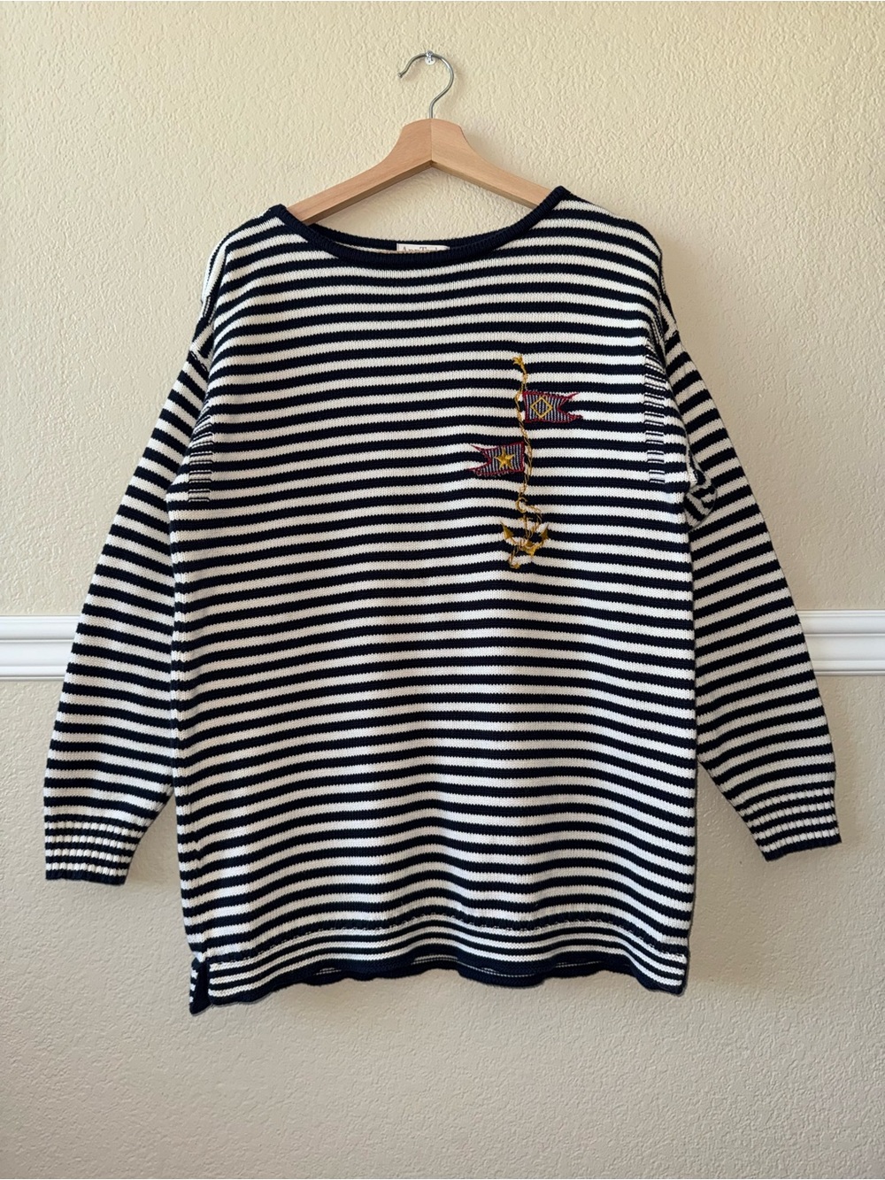 Vintage Ann Taylor 100% Cotton Fisherman Sweater Nautical Striped Oversized S